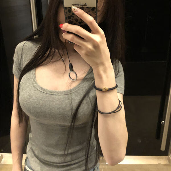 骄拓小个子夏天穿的大领口低领短袖女2023夏季新款女装韩版性感低胸大