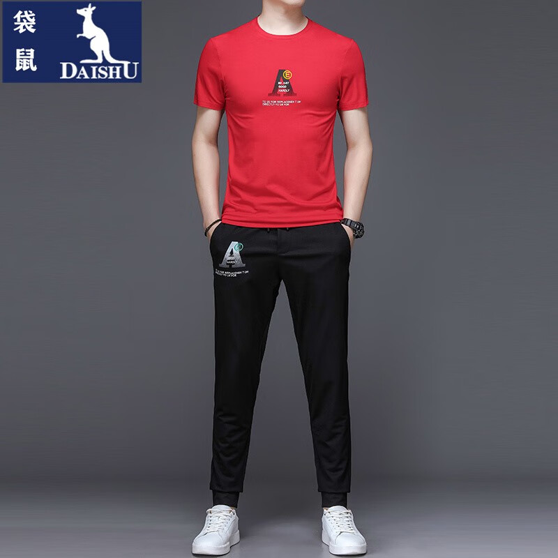 袋鼠品牌男装夏季t恤套装男圆领短袖韩版休闲2022新款短衣长裤男装一