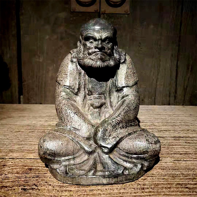 奥琅石苑青石达摩摆件纯手工雕刻古法工艺仿古做旧达摩祖师陈设客厅