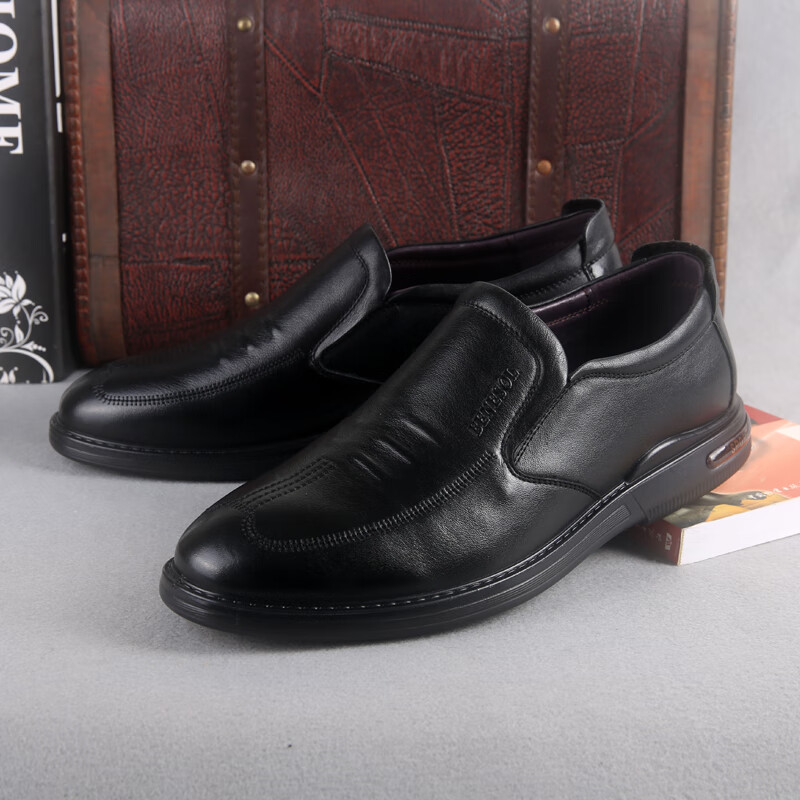 邦赛新品男士皮鞋男商务休闲爸爸鞋防滑中老年真皮鞋套脚轻质男鞋