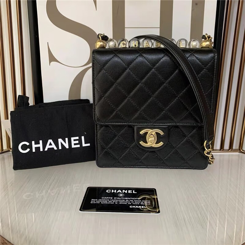 【二手99新】chanel /香奈儿 黑色山羊皮 香奈儿斜挎包 透明珠子金扣