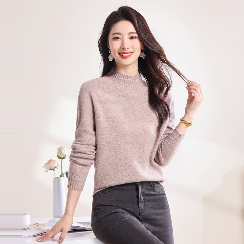 恒源祥圆领纯羊毛衫女装冬季新款基础内搭打底衫女士毛衣套头针织衫上衣 新米驼 S /160/84A