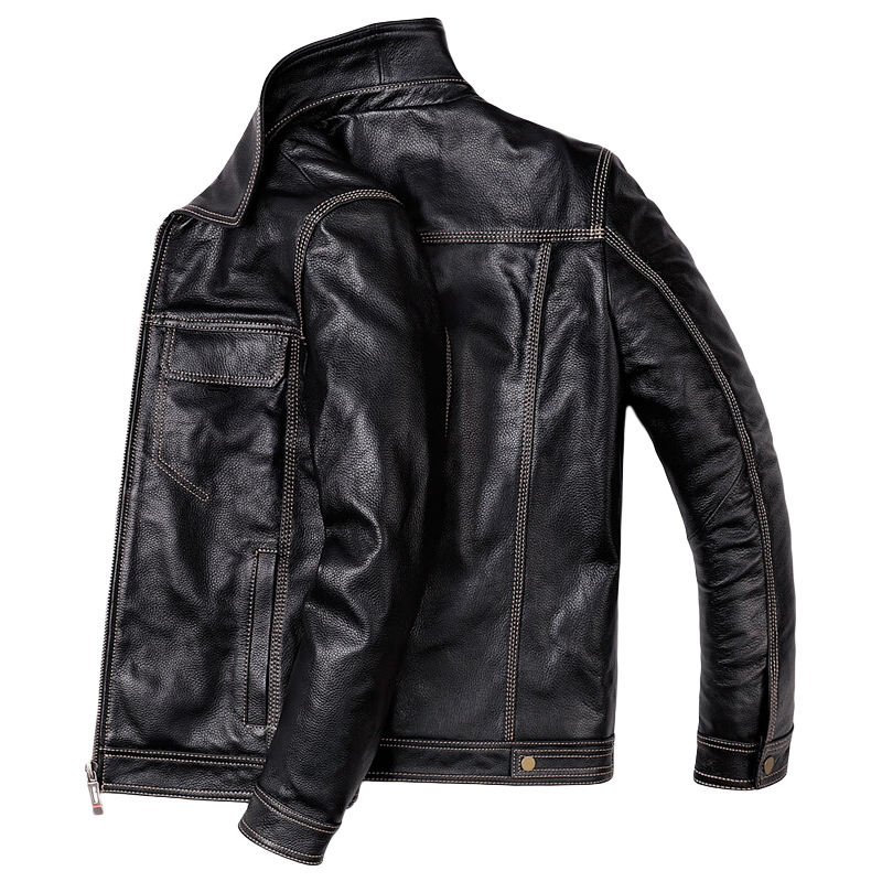 PERCOOL真皮皮衣男頭層牛皮翻領(lǐng)皮外套綿羊皮修身短款皮夾克商務(wù)休閑男裝 牛皮黑色(單款) L號(hào)(110斤-125斤)