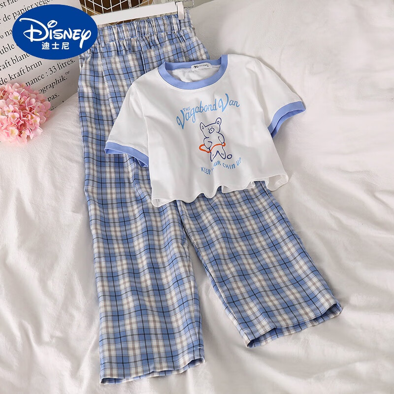 休闲夏装儿童女孩两件套 白上衣 蓝格裤 110cm适合100-110cm年龄4-5岁