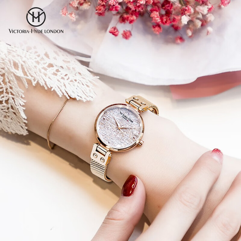 VICTORIA·HYDE火花手表女满天星学生轻奢潮流小众礼物情人节送女友维多利亚海德 玫瑰金色钢带单表