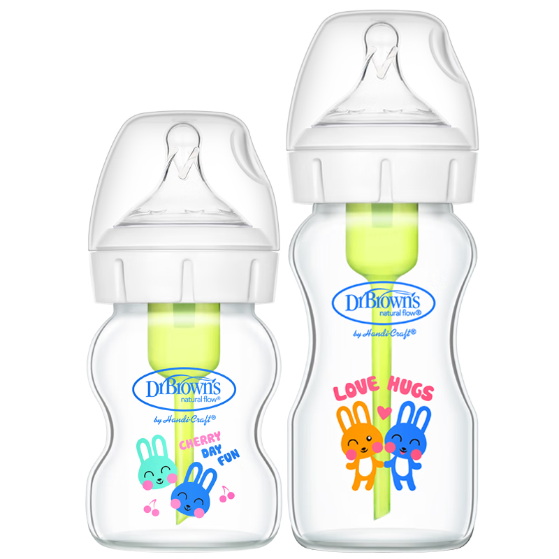 布朗博士玻璃奶瓶 0-3月新生嬰兒防脹氣 寬口徑奶瓶套裝150ml+270ml 萌兔