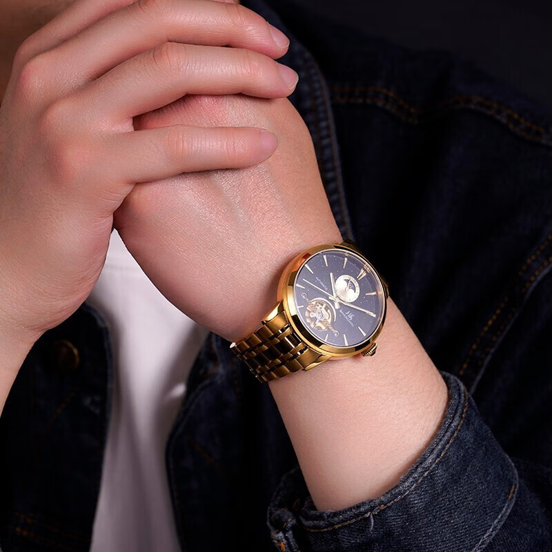 上海（SHANGHAI）手表男自动机械表国民系列镂空夜光国产高端腕表砂金石6009父亲节 日月星辰银壳【闪耀砂金石表盘】