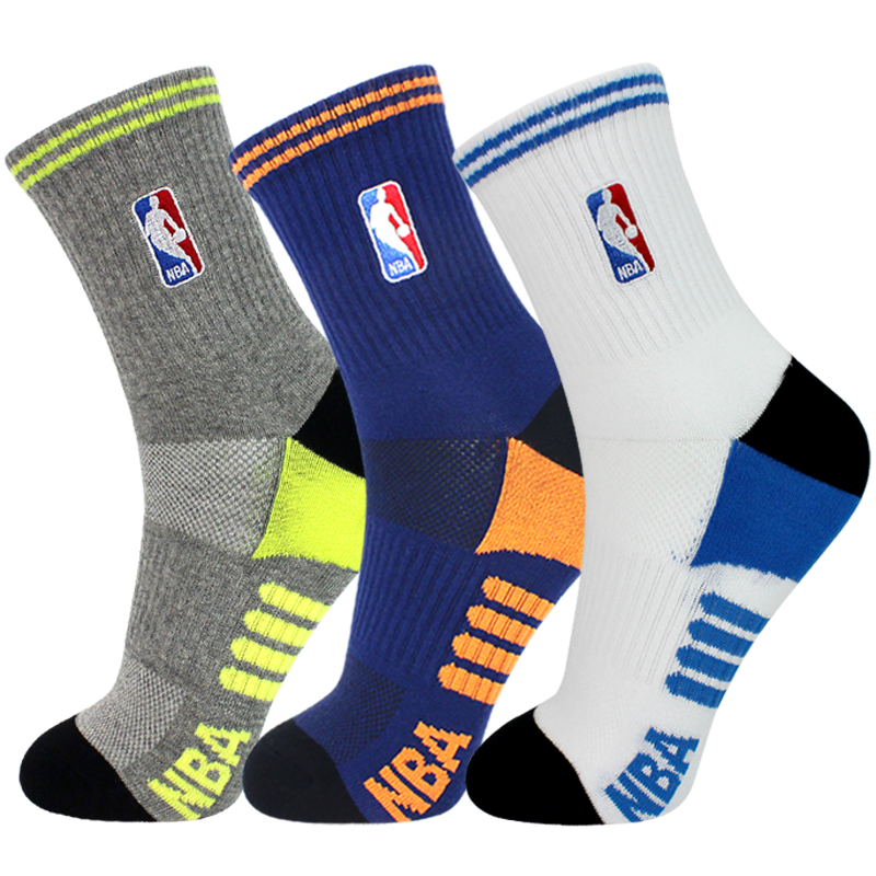 NBA 专业篮球袜 男士中筒运动毛圈底吸汗缓冲网眼透气防滑训练袜3双装 混色