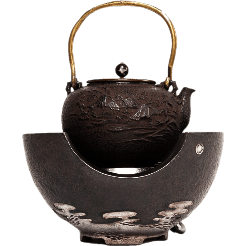 伊藤松秀 純手工進(jìn)口工藝鑄鐵壺?zé)o涂層南部鐵壺套裝燒水壺茶壺煮茶器套裝 山家盛上+鐵包銀觀山電陶爐