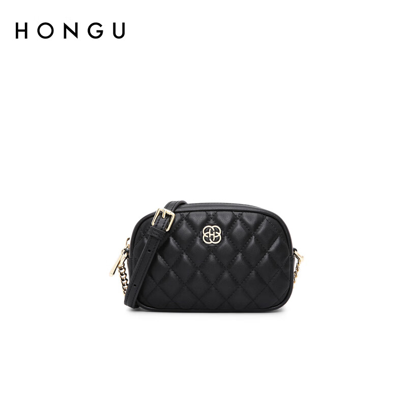红谷hongu斜挎包女包新款精品菱格小香风牛皮链条时尚单肩包百搭 漆黑