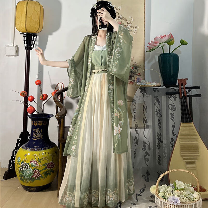 洛必达【绿箩】汉服女宋制印花长干寺齐腰百褶裙日常春夏 全套三_褙子+吊带+百褶裙 XS