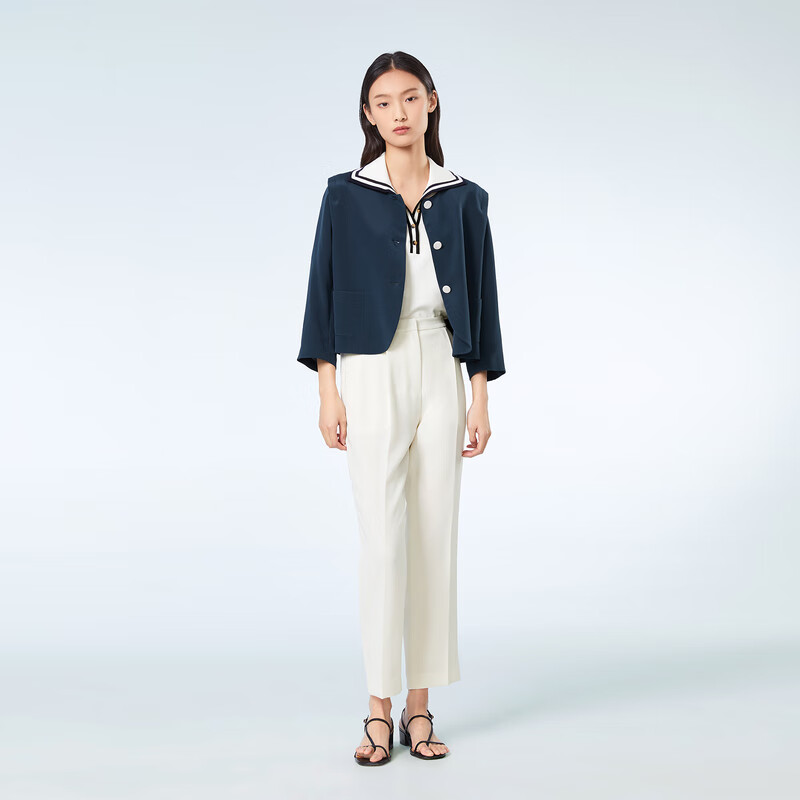 OVV2023春夏新款女装精致圆领七分袖桑蚕丝短款休闲夹克外套 藏青（净色）25 S