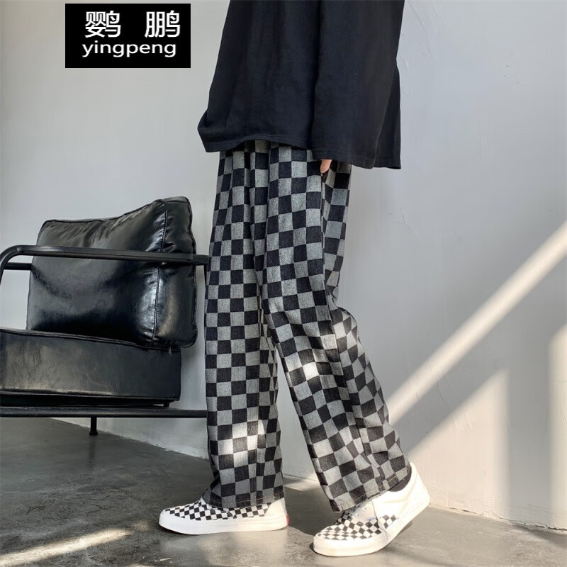 鹦鹏胖子棋盘格裤子街ins潮牌直筒百搭牛仔裤男美式hiphop休闲阔腿裤