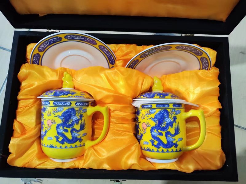 尚佳帮淄博瓷器陶瓷盖杯套杯情侣对杯龙凤杯套装 蓝色