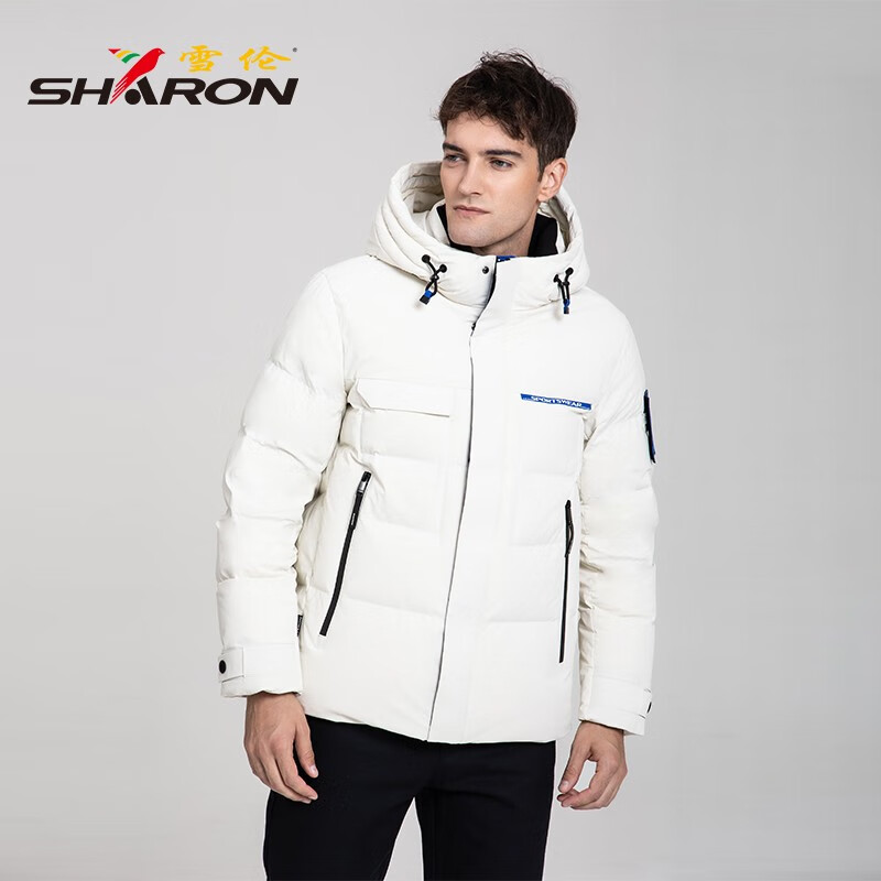 雪伦(sharon)羽绒服男装短款外套刺绣标连帽商务休闲风 12601 层云白