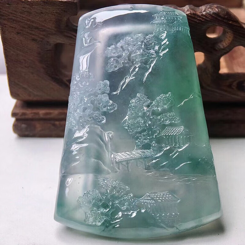 keeiy高端缅甸老坑翡翠山水牌冰种飘花今年流行款 节日礼物送