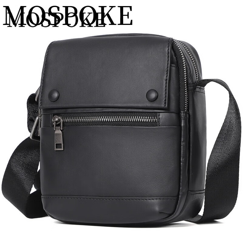 mospoke跨境男包头层牛皮时尚休闲手工包包男小 黑色