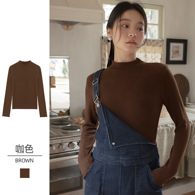 华婷露（Huatinglu）半高领仿德绒内搭长袖打底衫衣女2024秋冬漂亮小衫修身保暖上衣 咖啡色 L (95-110斤)