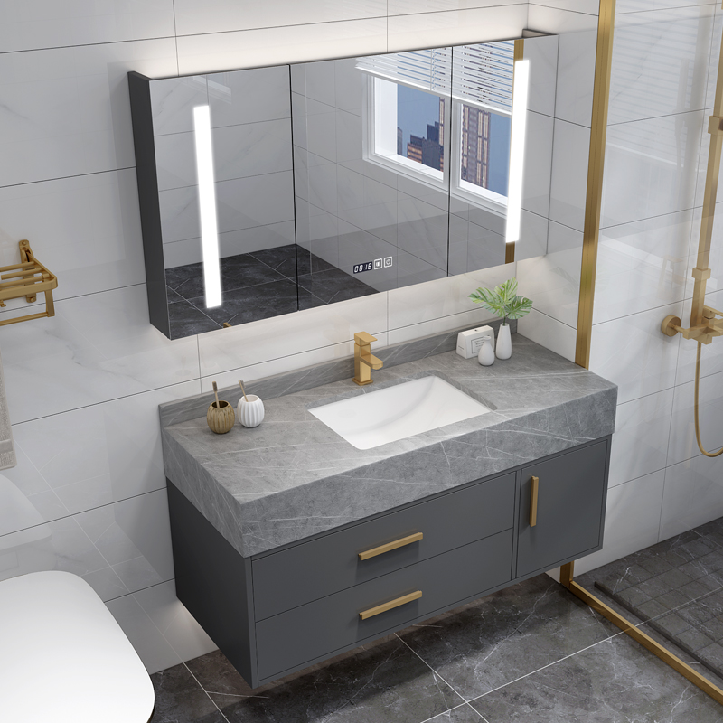 高端非标定制智能岩板一体浴室柜组合简约现代轻奢卫生间洗手池洗脸盆洗漱台卫浴套装镜柜镜箱大理石浴室柜 90CM 智能镜柜款