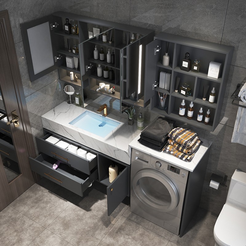 勒臣实木洗衣机柜组合岩板一体台盆浴室柜轻奢洗手洗脸盆卫生间洗漱台 1.3米岩板陶瓷盆（主柜+普通镜柜