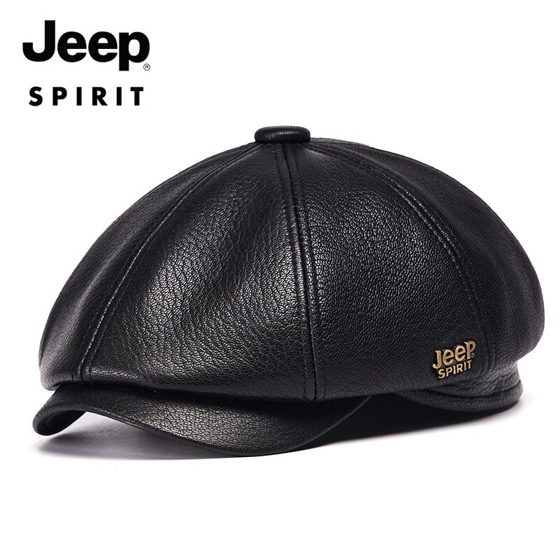 JEEP SPIRIT真皮帽子男士秋冬天休闲八角帽羊皮鸭舌帽中老年人父亲帽潮贝雷帽 黑色 大号XXL（59-60cm）