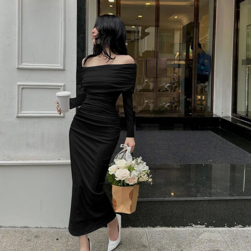 金彩潼星初高中连衣裙长裙学生淑女秋季穿的纯欲风一字肩褶皱长袖女