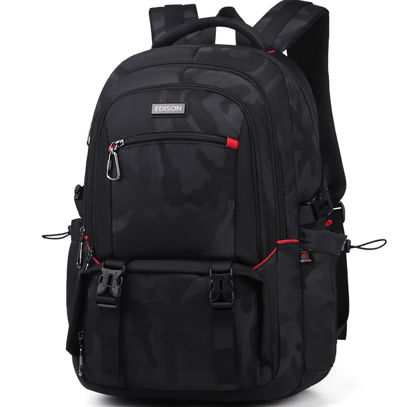 Edison爱迪高中生书包防泼水大容量多隔层初中大学生双肩包旅行背包 K052-17G迷彩黑45L大容量版