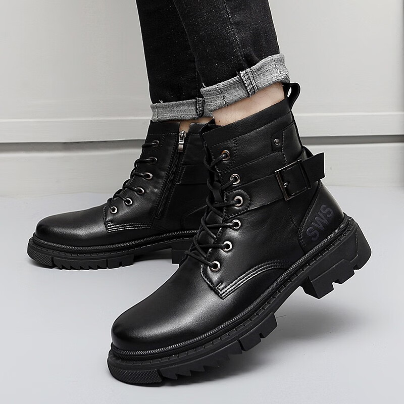 裂履(lielv)品牌男鞋时尚软牛皮马丁靴男士内增高工装鞋短绒保暖潮流