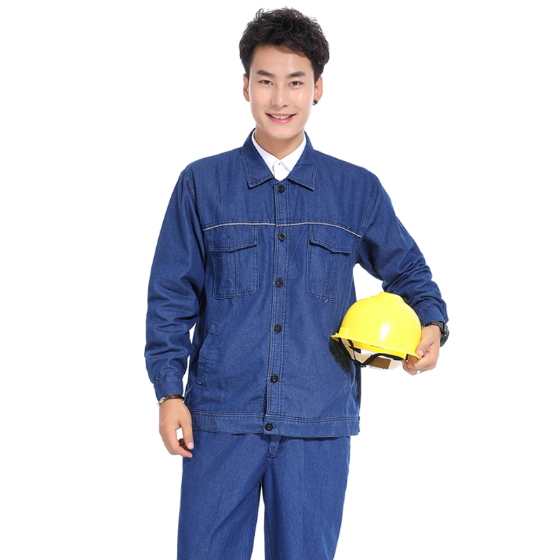 型彬夏季薄款牛仔工作服套裝男焊工電焊勞保服純棉防燙長袖工裝廠 薄牛仔反光繩 160/S