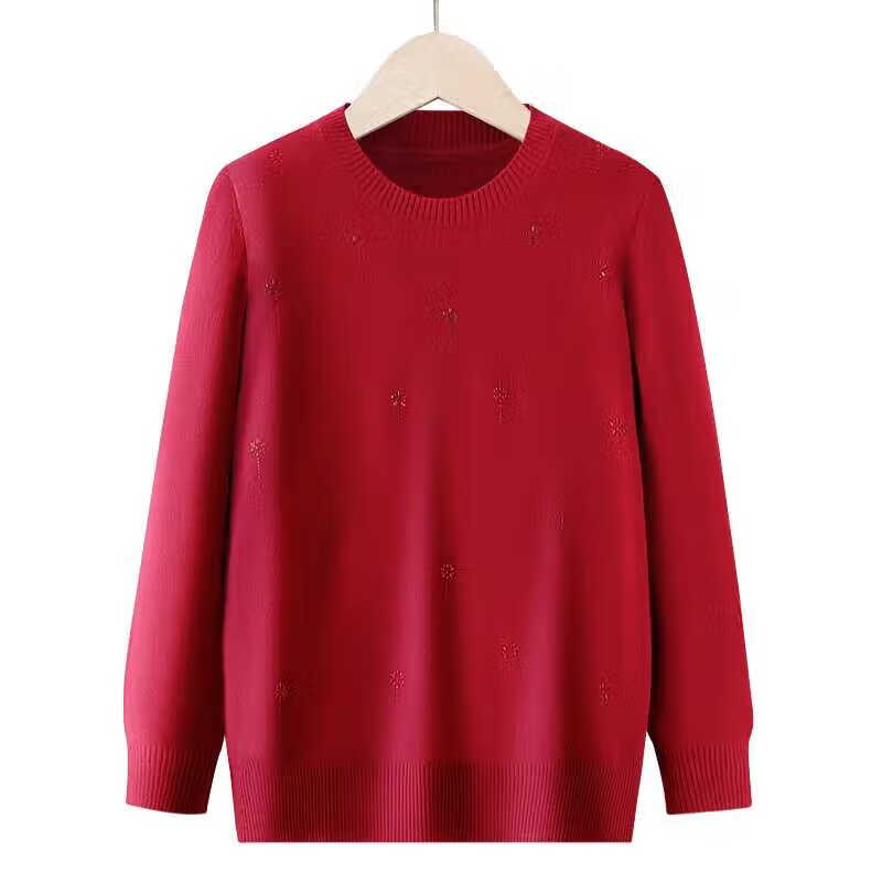 榄舍胖妈妈薄款针织打底女衫秋冬季中老年加肥大码200斤宽松圆领毛衣 红色【A01#】 6XL 建议180-200斤