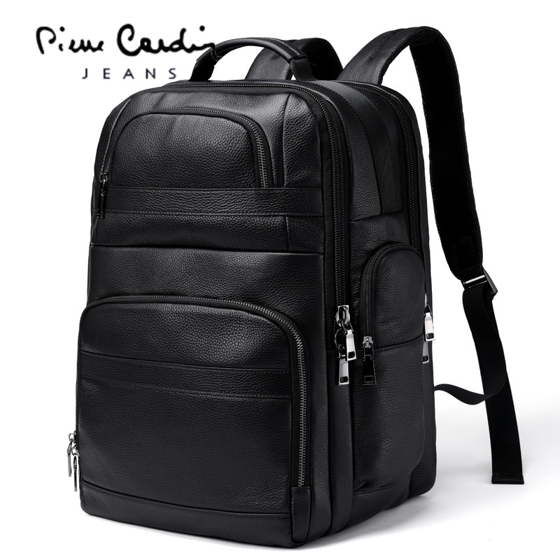 皮尔卡丹轻奢高档2022新款特价男士真皮双肩包大容量旅行背包男商务电脑包USB充电背包 黑色