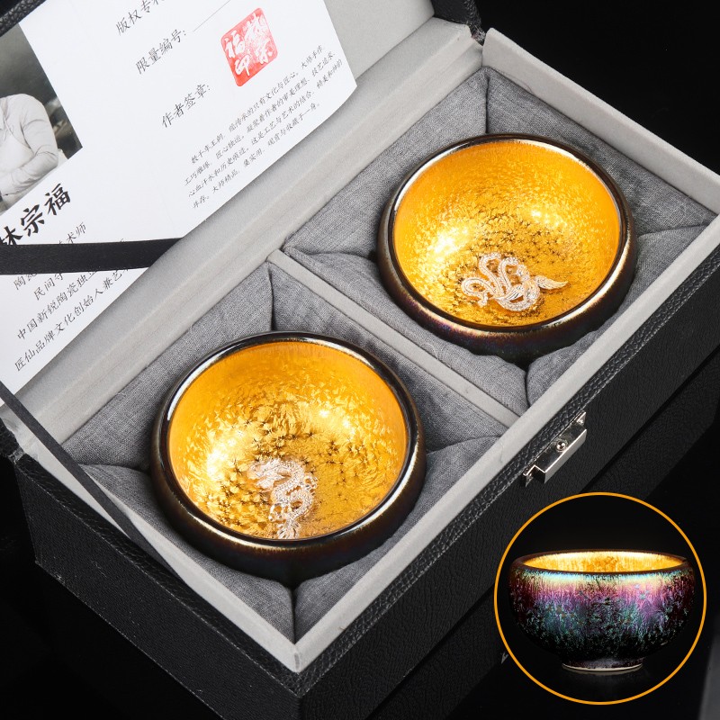 麟鵬加佳 天目釉窯變鎏金七彩建盞陶瓷茶杯對杯家用純手工大師級高檔送禮 圓滿(mǎn)七彩鎏金鑲銀龍鳳對杯林宗福