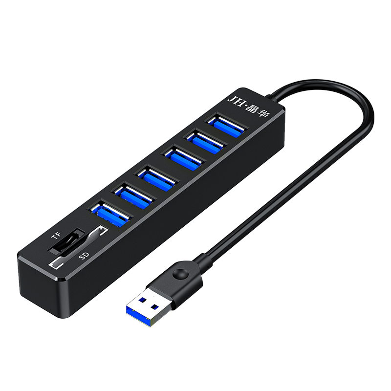 晶华(JH)USB八合一扩展器 高速6口HUB分线器扩展坞SD/TF读卡器 笔记本电脑键盘鼠标U盘接口集线器黑色1米Z304