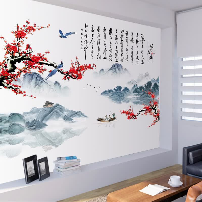 山水画客厅电视背景墙装饰墙贴纸贴画遮丑墙纸 临江仙