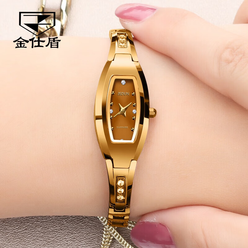 金仕盾新款瑞士手表女金色简约气质手链一体式女款钨钢小巧精致 金色