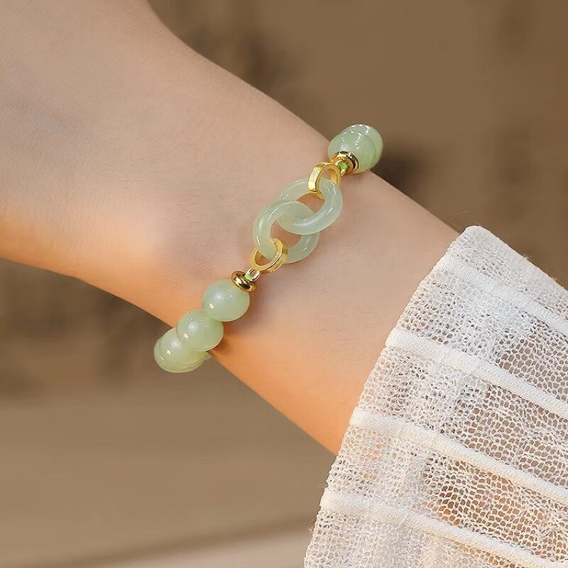 京粉(jingfen)新款环环相扣天然和田玉手串女同心环手镯双环相扣手链