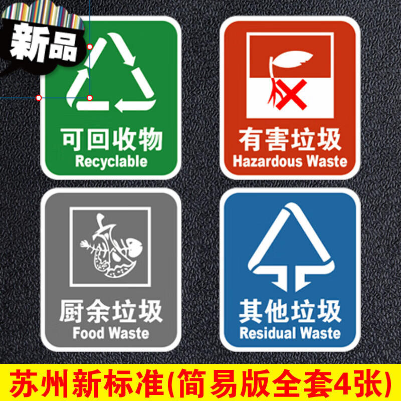 新版苏州垃圾分类标识贴纸苏州版垃圾桶提示牌海报可回收物不可回收