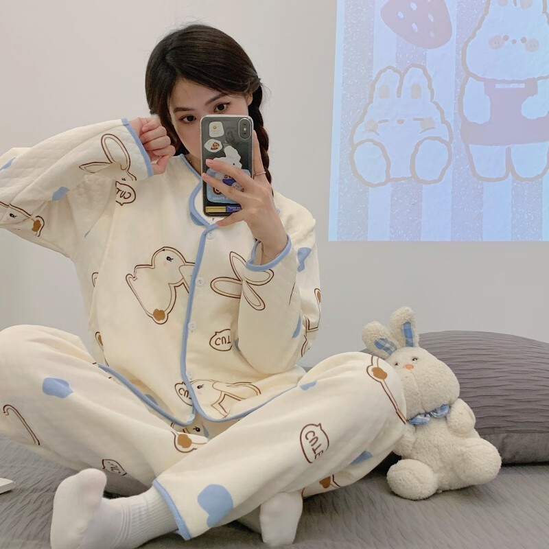 婧麒（JOYNCLEON）月子服春秋产后空气棉孕妇睡衣女秋冬怀孕期产妇可哺乳家居服套装 米白蓝边Jyz92098 XL码怎么样,好用不?