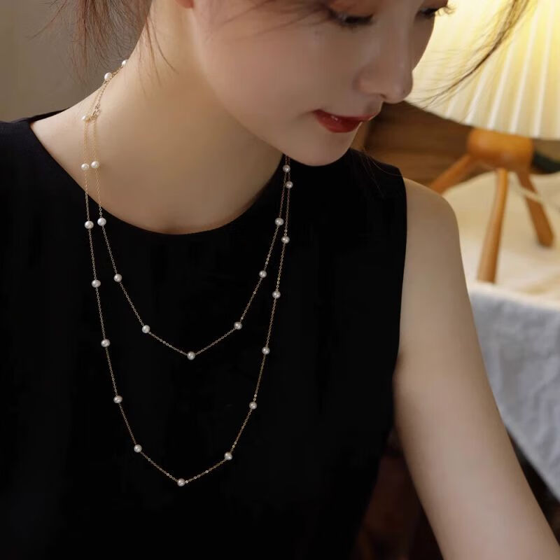 碧允长水珍珠项链女轻奢小众设计感小米珠锁骨链双层叠戴颈链 长款施