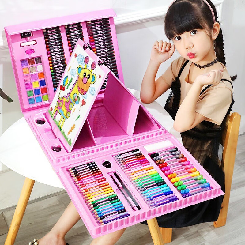 尔苗画画套装儿童玩具女孩绘画工具24色水彩笔画笔画板6-10岁生日礼物 带画架208件绘画套装粉色