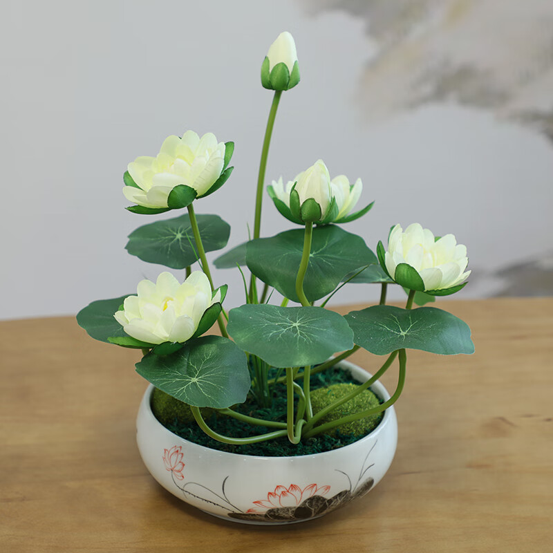 wo 仿真莲花摆件睡莲荷花花盆禅意花盆中国风佛前供花空调上的装饰花