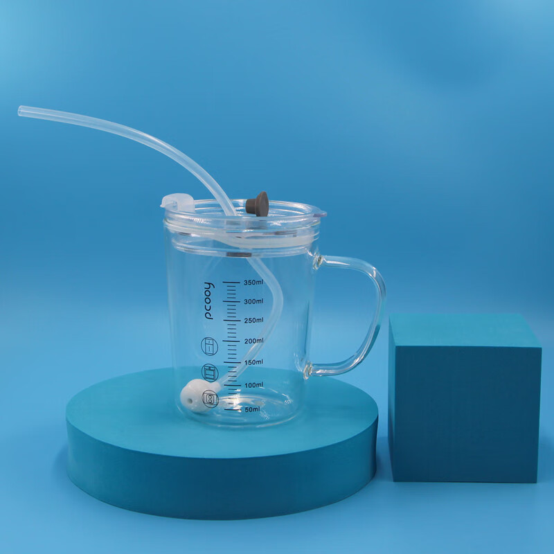 护理杯流食刻度吸管杯子防漏耐高温病人水杯 玻璃护理杯350ml黑色刻度
