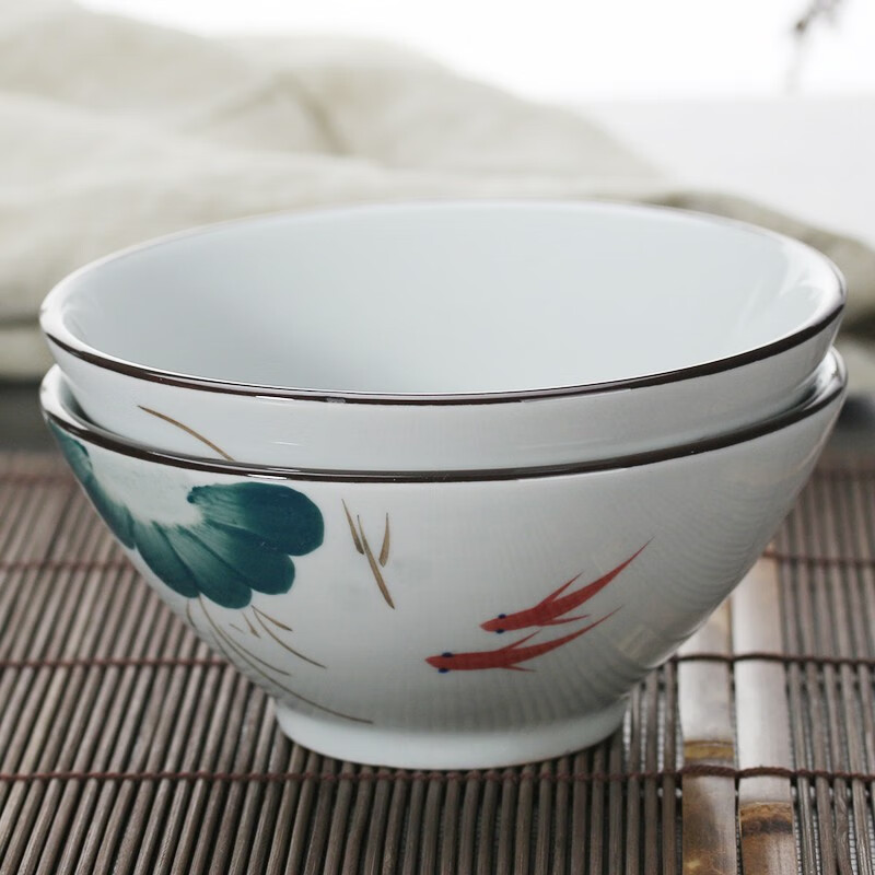 洁雅杰陶瓷餐具 陶瓷碗套装(5.75英寸)家用面碗釉下彩餐具汤碗手绘陶瓷泡面碗(2只装) 鱼晓
