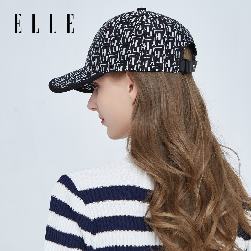 ELLE棒球帽男女时尚情侣鸭舌帽户外遮阳防晒提花帽子可调节 气质黑 均码可调节