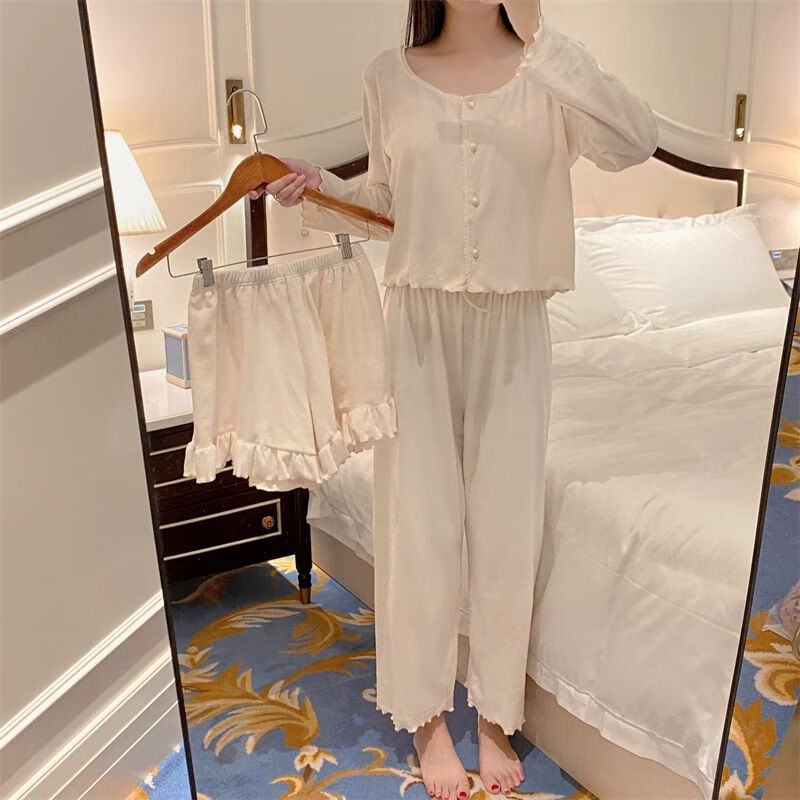 韦戒吊带袜四件套2024新品秋冬季睡衣三胸垫性感海岛绒纯欲风长袖家居