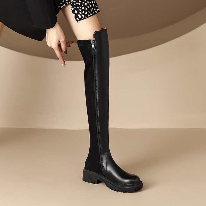 女士真皮加绒加厚过膝长靴过膝盖的长筒靴真皮的女皮鞋秋冬长靴高筒靴