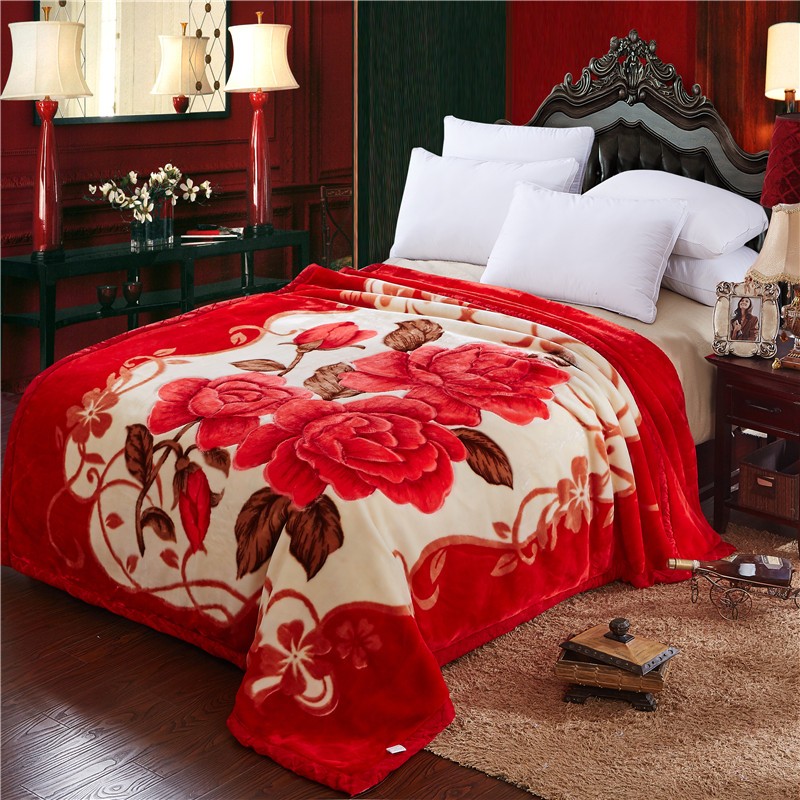 辰枫家纺 拉舍尔毛毯超柔双人秋冬季礼品婚庆毯子床上用品 大红 200x230cm9斤