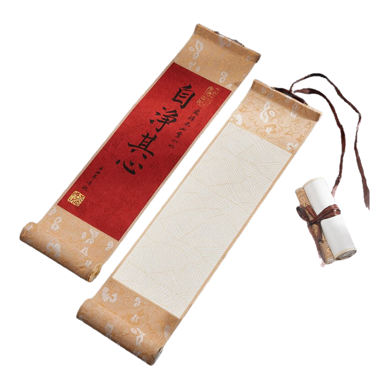 迷你宣紙空白卷軸掛畫禪意掛軸半生熟手卷長(zhǎng)卷書法國(guó)畫創(chuàng)作紙專用紙毛筆字練習(xí)作品紙免裝裱立軸畫軸 葉紋描金 迷你小掛軸(總長(zhǎng)：10*35cm，畫芯：10*26