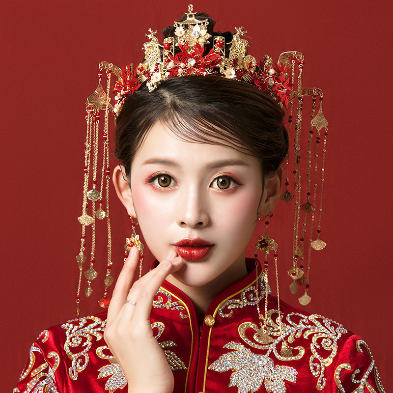 新娘秀禾服头饰2020新款中式流苏大气结婚敬酒服红色凤冠古装步摇