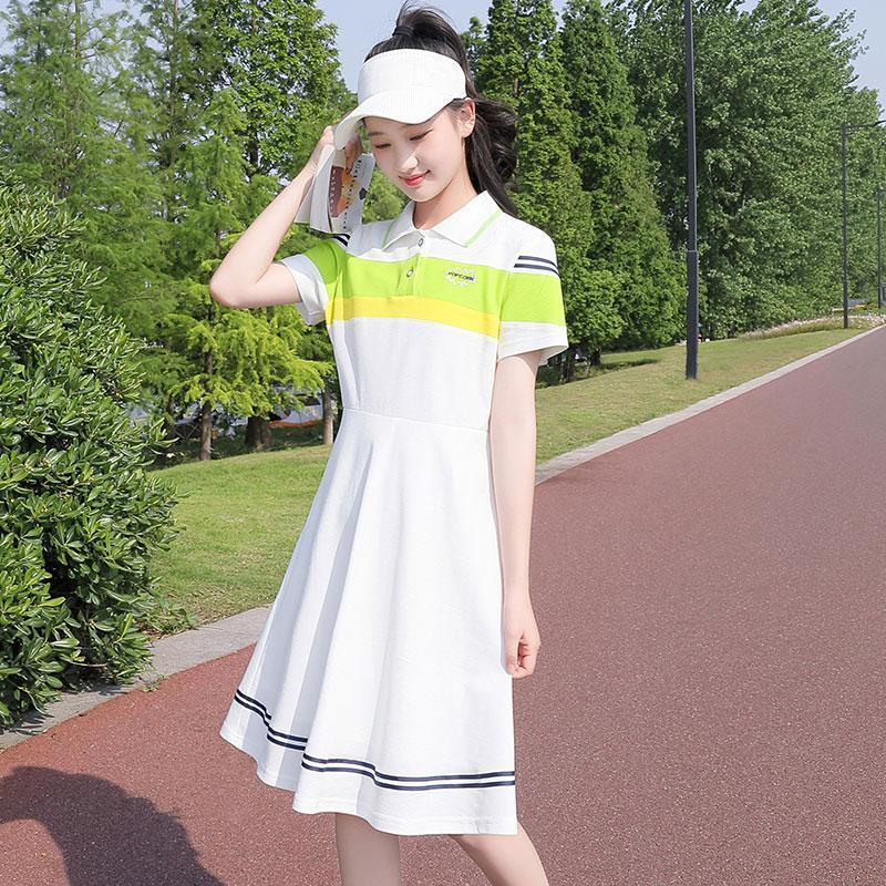 he)适合少女学生polo连衣裙中长款少女夏装polo领裙子2024新款学院风